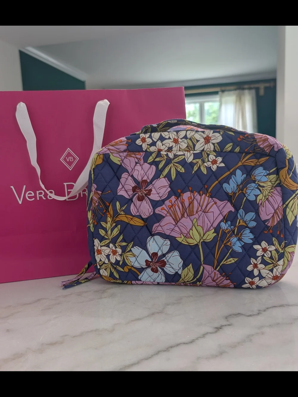 Vera Bradley Navy Floral Quilted Travel Pouch with Pink & Blue Blooms